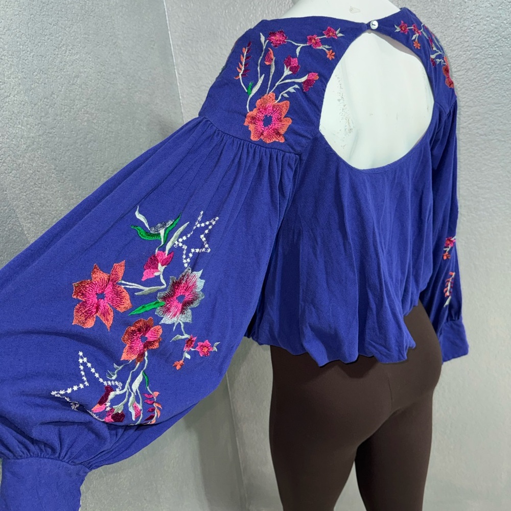 Free People Royal Blue Floral Embroidered Blouse - Picture 8 of 17